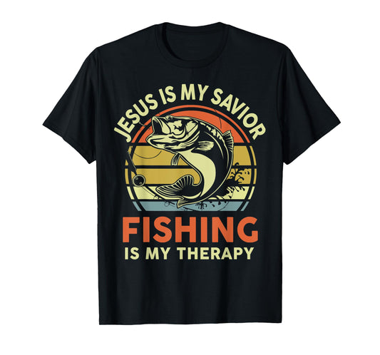 Jesus Is My Savior Fishing Therapy Funny Christian Bass Dad T-Shirt