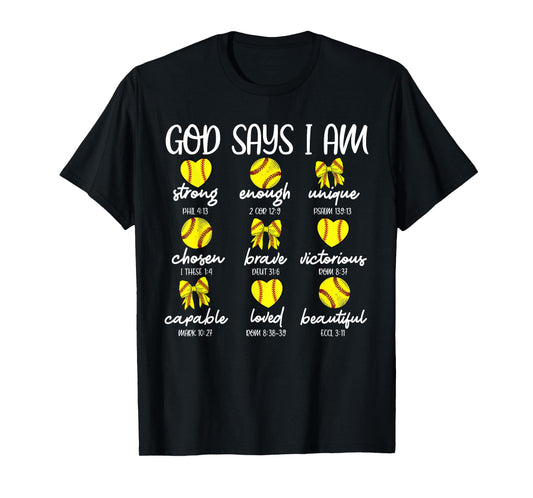 Coquette Bows God Say I Am Christian Softball Bible Verse T-Shirt