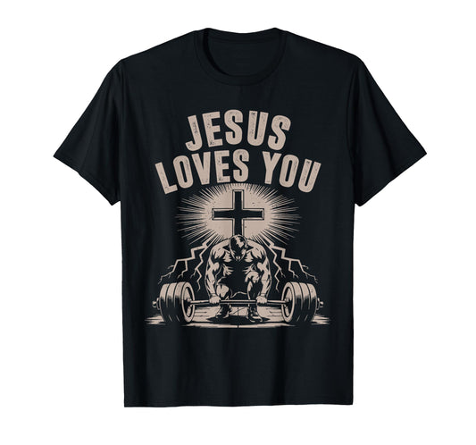 Jesus Loves You Funny Christian Workout Gym Barbell Cross T-Shirt