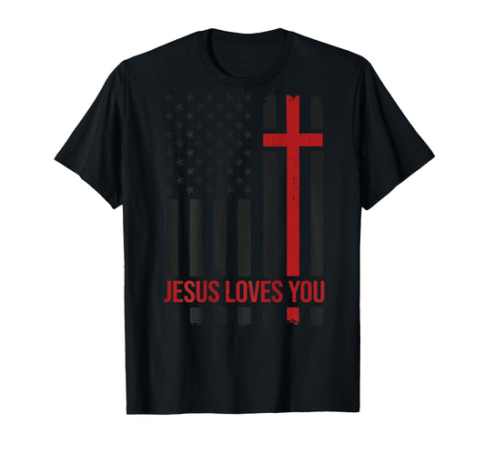 Mens Jesus Loves You Christian Faith Patriotic American Flag T-Shirt