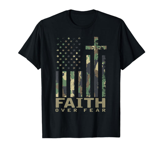 Jesus Faith Over Fear Christian Cross God Fait US Flag Pray T-Shirt