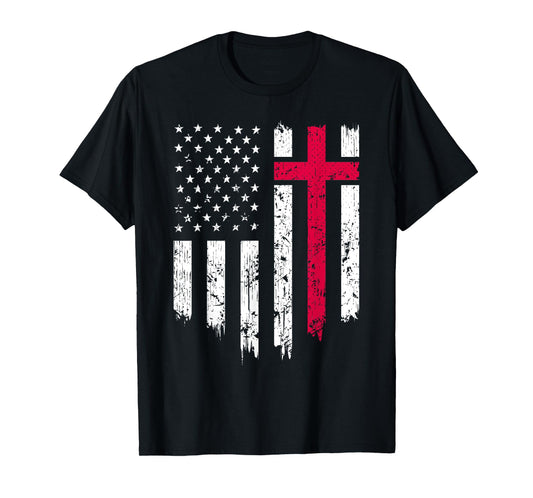Vintage Distressed USA Flag Cross Christian Faith Gift T-Shirt