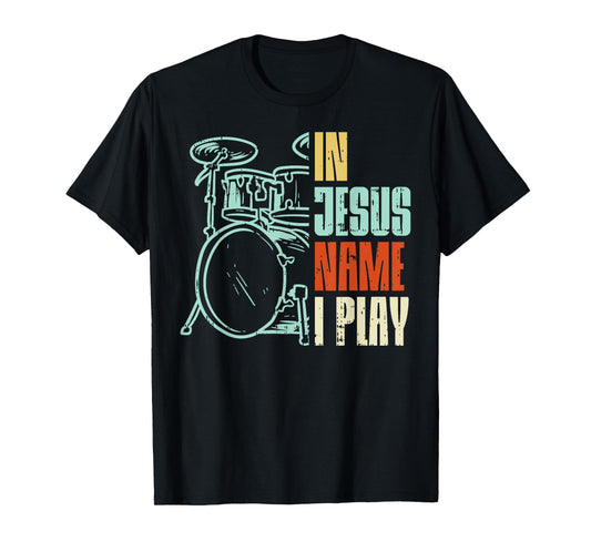 BoredKoalas Jesus Name I Play Drums T-Shirt - Men, Boys - Black - Short Sleeve - Small - Classic Fit - Cotton - Music, Drum Theme - Christmas, Birthday Occasion