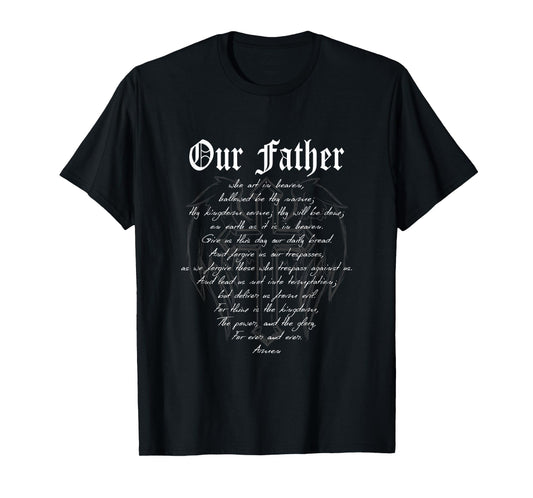 PTL Designs The Lord's Prayer - Written Over a Cross with Angel Wings Unisex-Adults T-Shirt - Black - Small