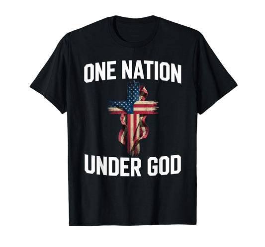 Patriotic One Nation Under God Christian Cross USA Flag T-Shirt