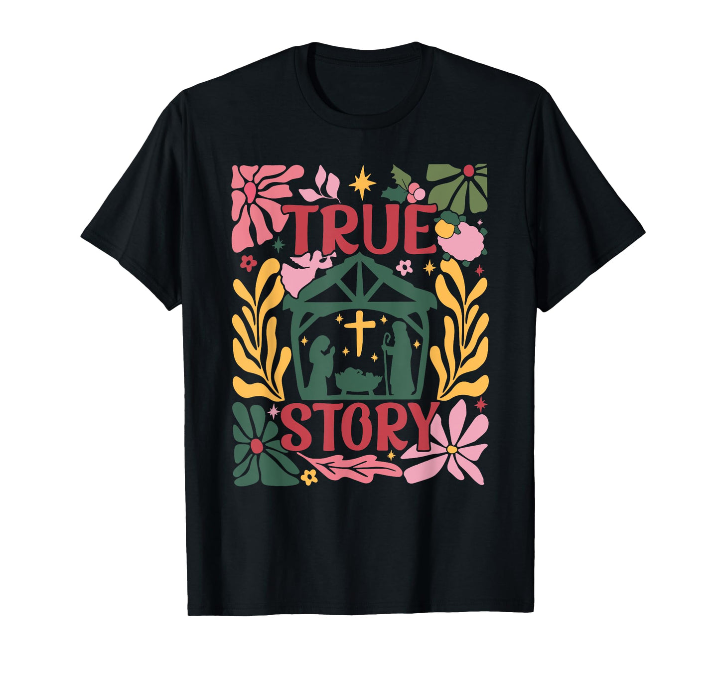 True Story Jesus Christmas Nativity Scene Boho Flower T-Shirt