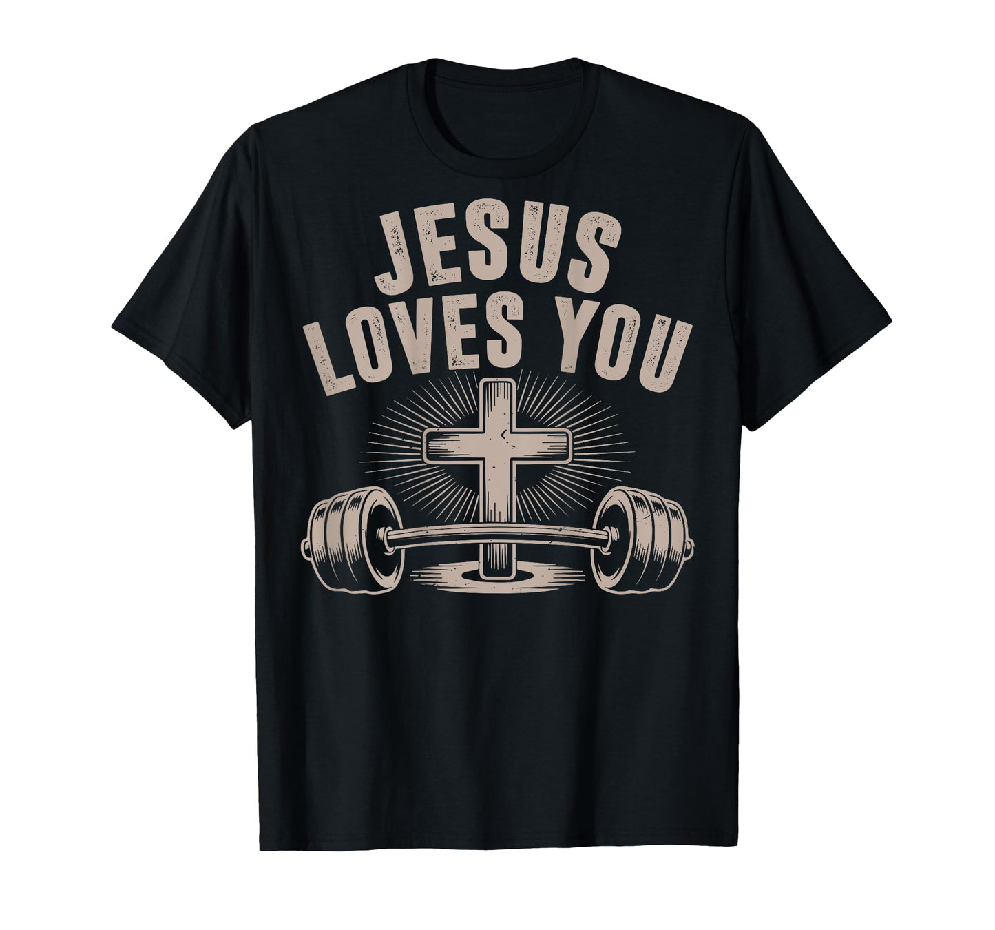 Jesus Loves You Funny Christian Workout Gym Barbell Cross T-Shirt