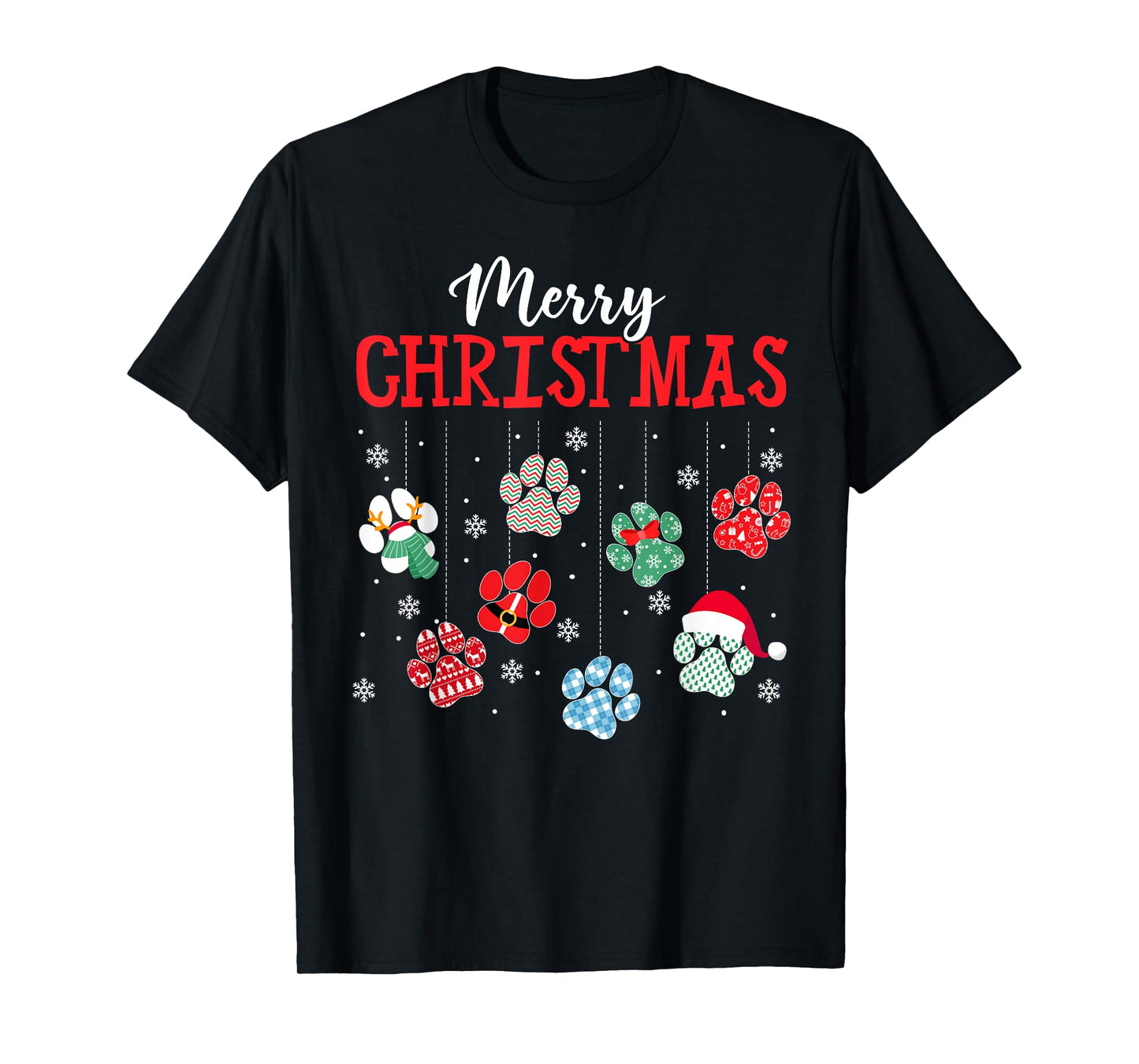 Merry Christmas Dog Paws Lights Funny Xmas Womens Kids T-Shirt