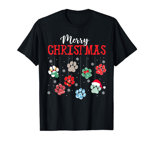 Merry Christmas Dog Paws Lights Funny Xmas Womens Kids T-Shirt