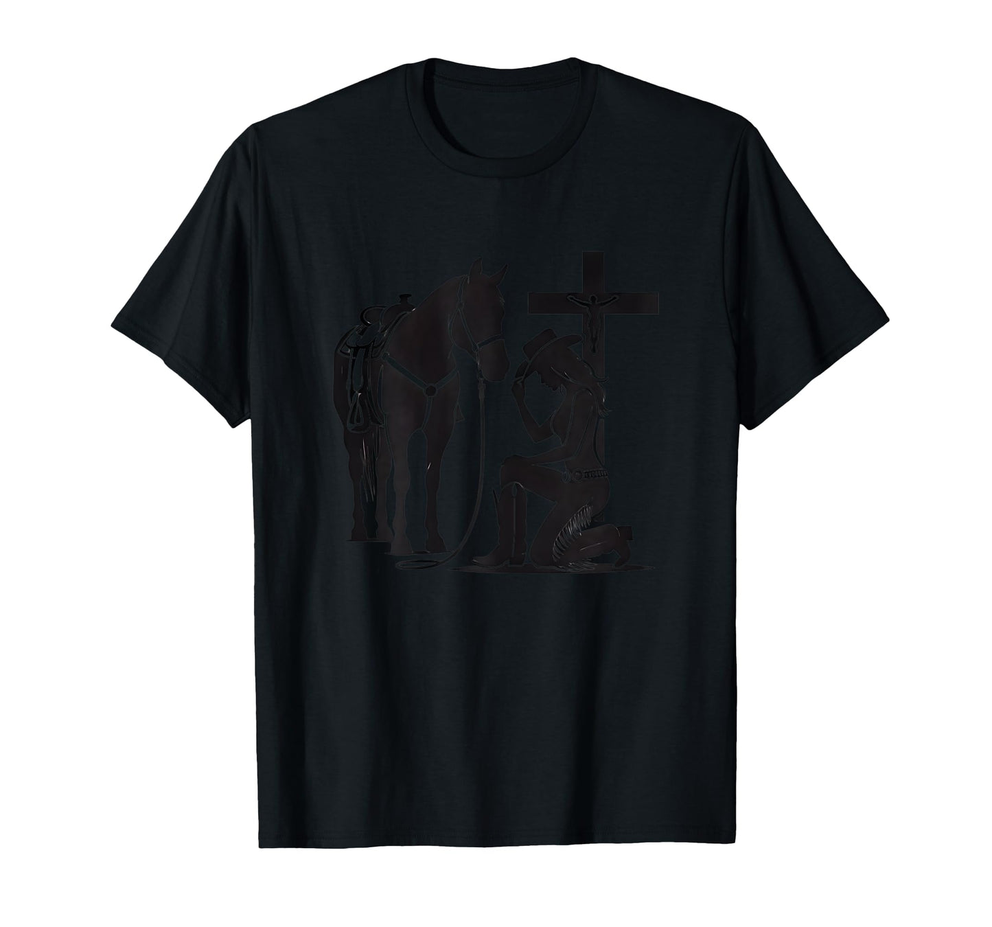 Christian Inspirational Cowgirl Praying with Horse & Cross T-Shirt