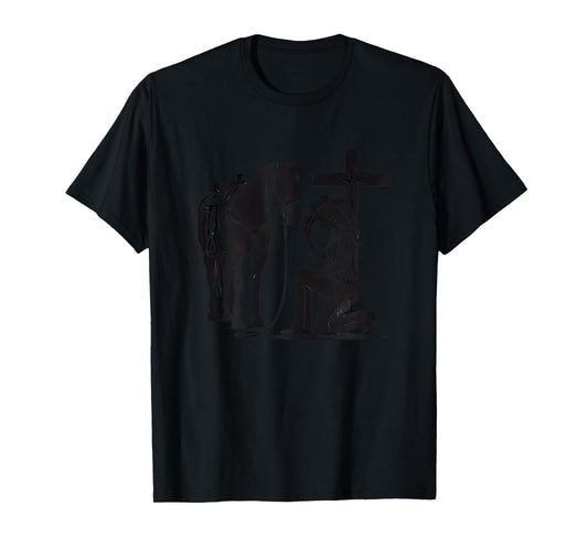 Christian Inspirational Cowgirl Praying with Horse & Cross T-Shirt