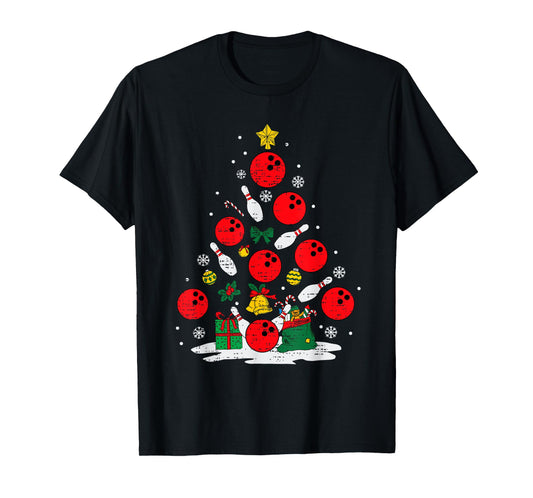 Bowling Christmas Tree Lights Xmas Bowler Sport Men Boy Kids T-Shirt