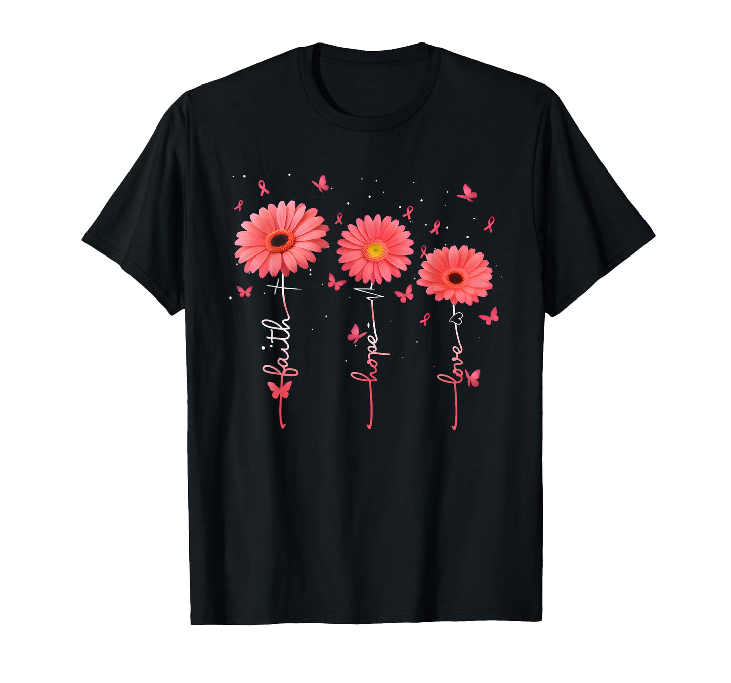 Faith Hope Love Flowers Breast Cancer Awareness Support T-Shirt