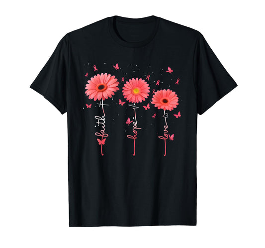 Faith Hope Love Flowers Breast Cancer Awareness Support T-Shirt