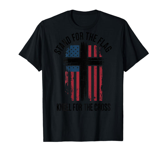 Men Stand for Flag Kneel The Cross Christian Patriotic Faith T-Shirt