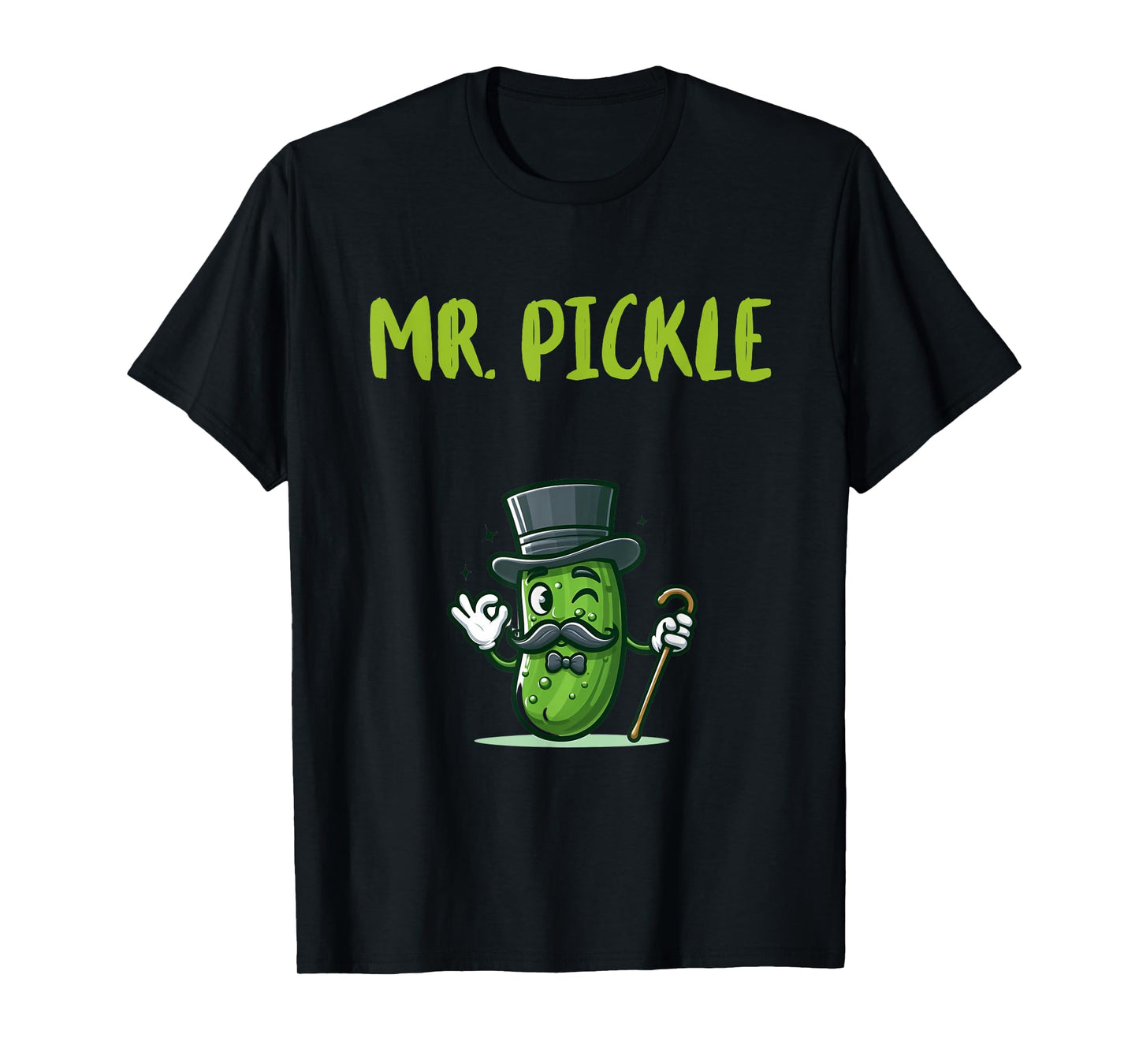 Foodie Design Mr. Pickle T-Shirt - Men's Unisex-Adults Black Small Classic Fit Short Sleeve Pickle-Themed T-Shirt