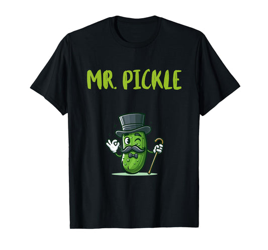 Foodie Design Mr. Pickle T-Shirt - Men's Unisex-Adults Black Small Classic Fit Short Sleeve Pickle-Themed T-Shirt