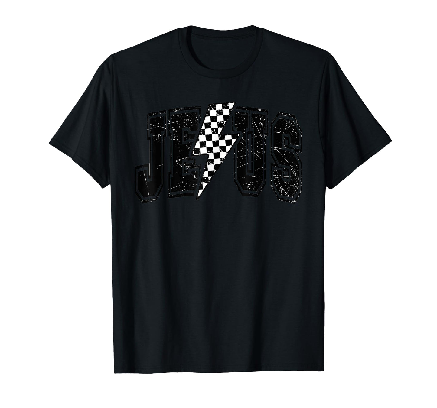 Funny Retro Groovy Checkered Jesus Lightning Bolt Apparel T-Shirt