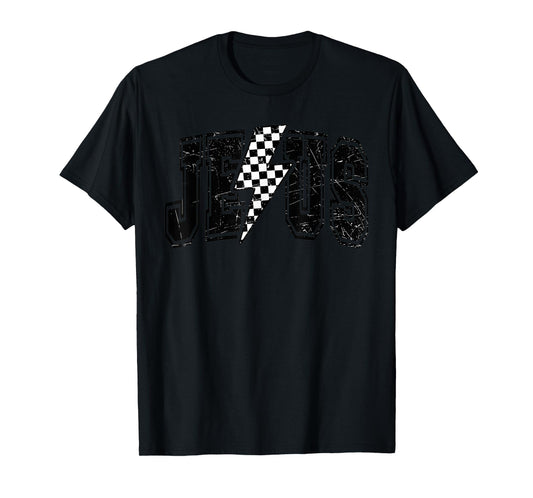 Funny Retro Groovy Checkered Jesus Lightning Bolt Apparel T-Shirt