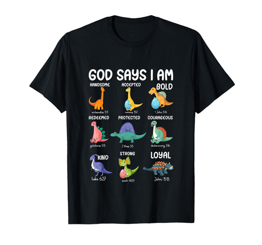 Kids God Says I Am Dinosaur Funny Dino Kids Boys Bible Verse T-Shirt