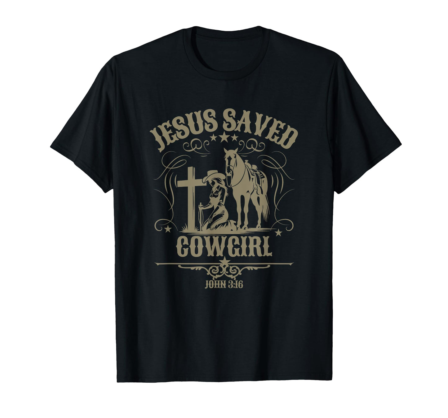 Christian Cowgirl Kneeling at Cross Western Scripture Jesus T-Shirt