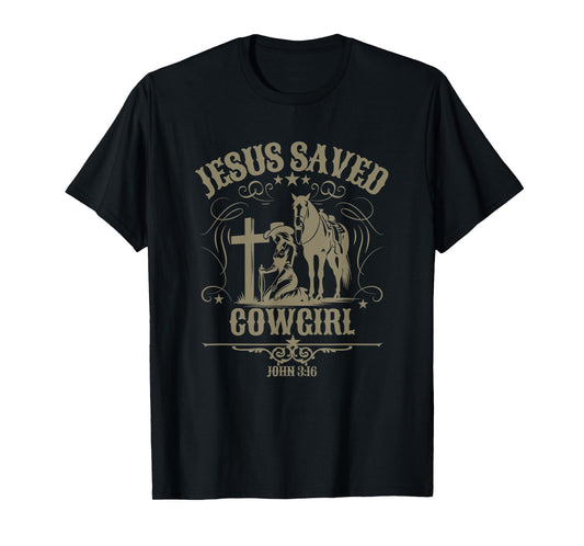 Christian Cowgirl Kneeling at Cross Western Scripture Jesus T-Shirt