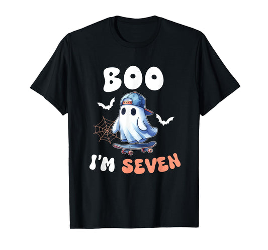 Boo I'm Seven Ghost Skateboard 7th Birthday Halloween Boys T-Shirt