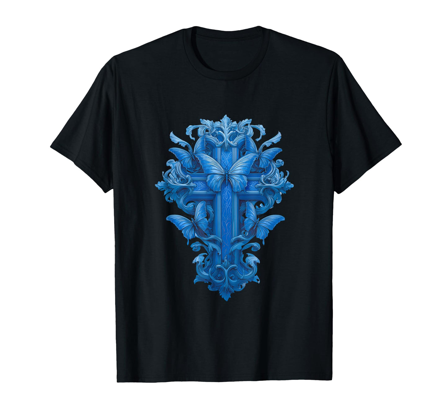 Blue Christian Cross with Butterfly Symbols of Hope T-Shirt