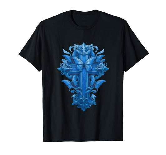 Blue Christian Cross with Butterfly Symbols of Hope T-Shirt