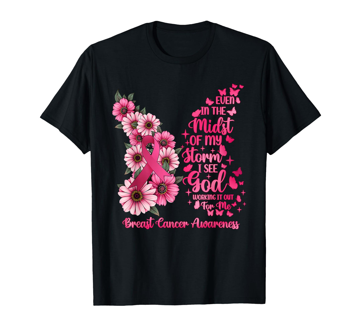 Breast Cancer Awareness God Bible Verse Pink Butterfly Women T-Shirt