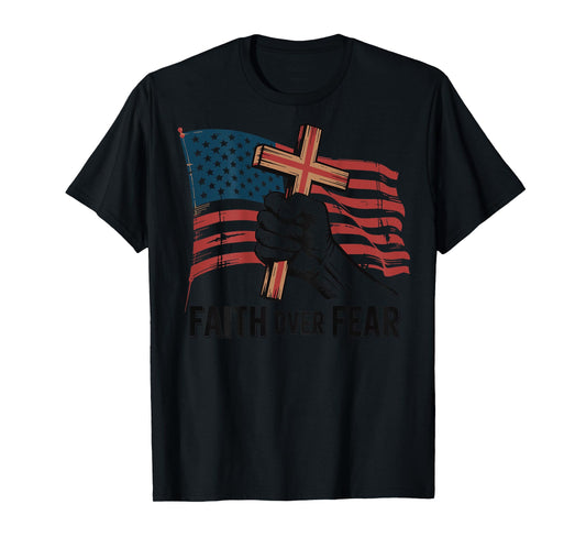 Christian Patriotic Cross Faith Over Fear American Flag Mens T-Shirt