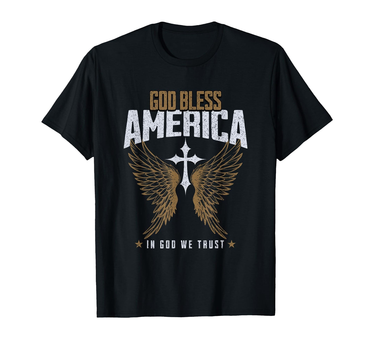 God Bless America Christian Cross & Angel Wings Distressed T-Shirt