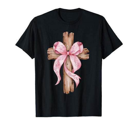 Christian Rustic Cross with Pink Bow Faithful Beauty T-Shirt