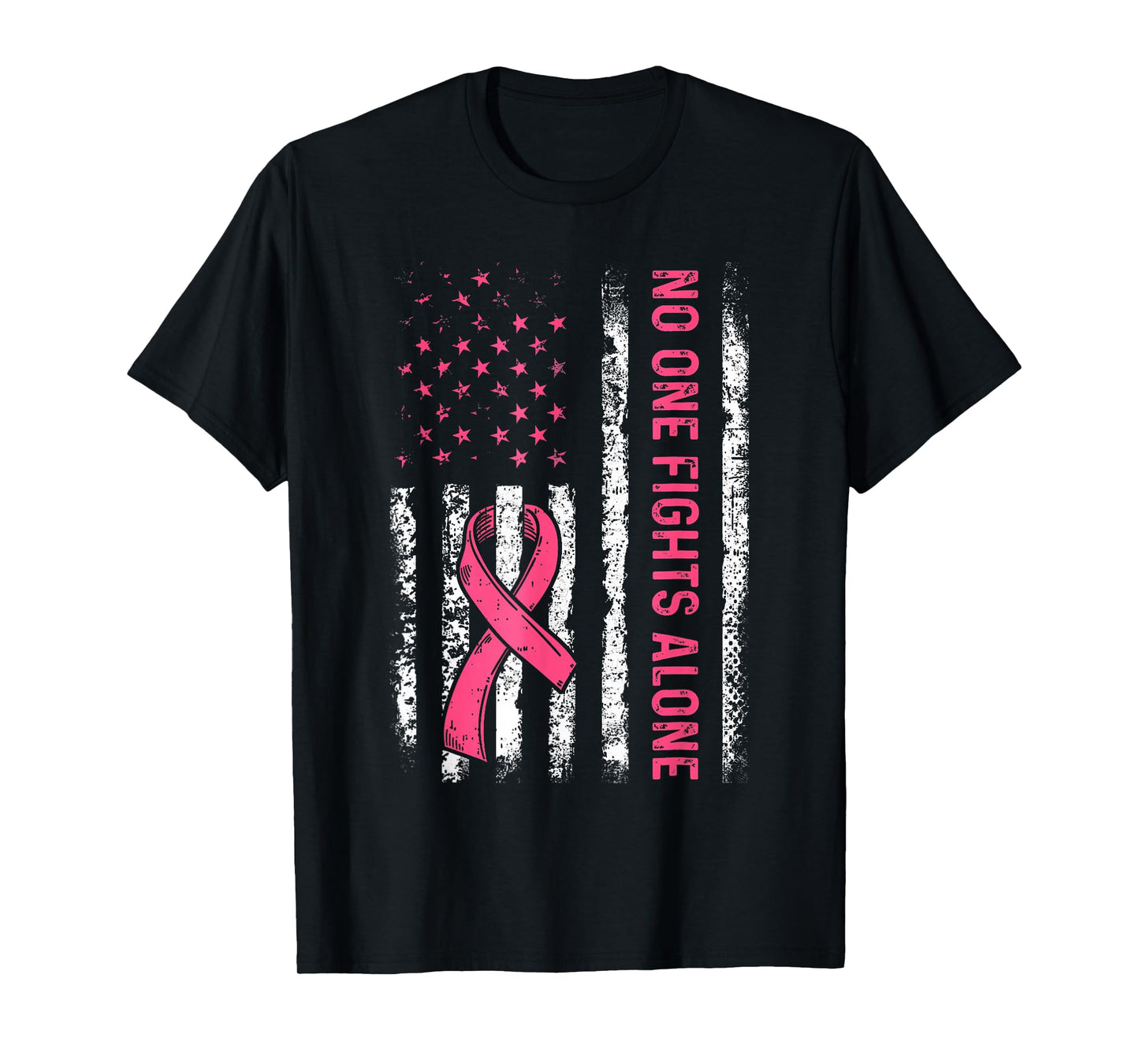 No One Fights Breast Cancer Alone American Flag Pink Ribbon T-Shirt