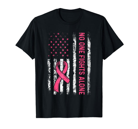 No One Fights Breast Cancer Alone American Flag Pink Ribbon T-Shirt