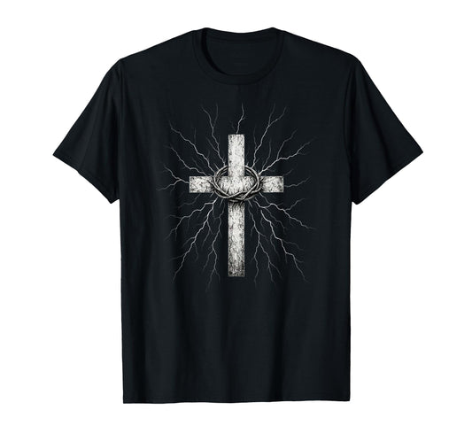 Christian Cross Punk Art Style Crown of Thorns Distressed T-Shirt