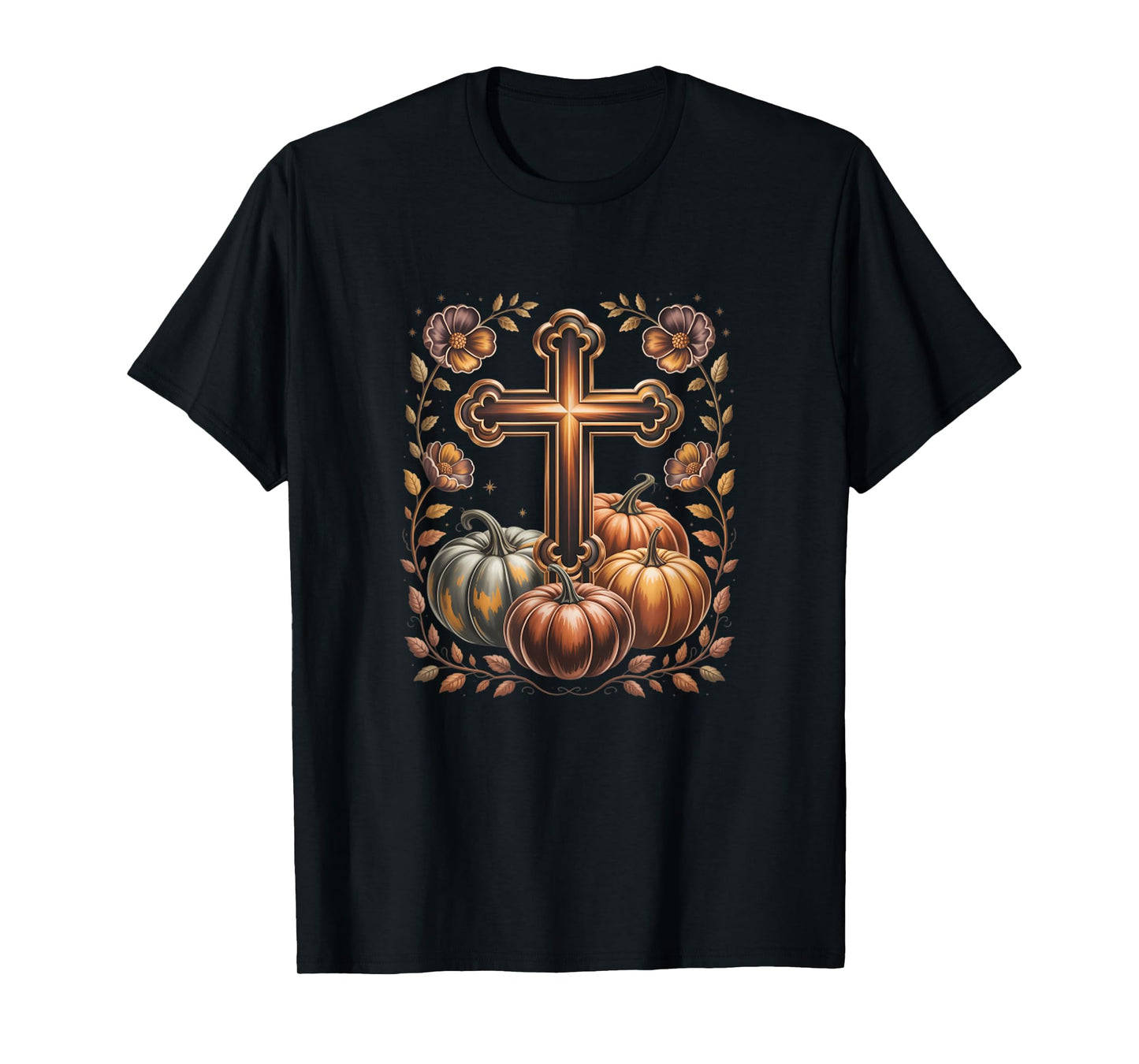 Boho Floral Pumpkin Cross Fall Jesus Christian Faith Autumn T-Shirt