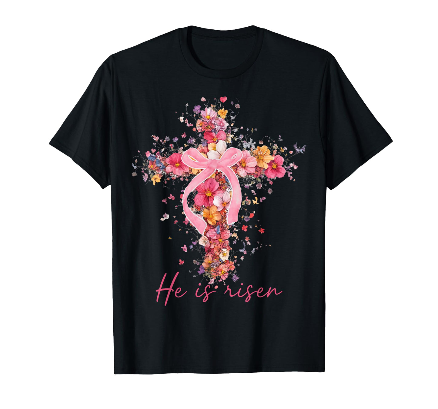 Floral Easter He Is Risen Christian Bible Pink Easter Bow T-Shirt