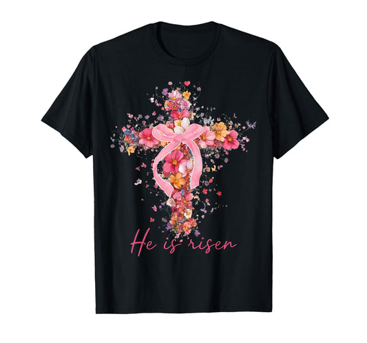 Floral Easter He Is Risen Christian Bible Pink Easter Bow T-Shirt