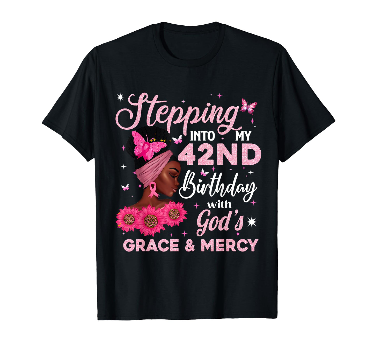 Retro 42nd Bday Woman Breast Cancer Butterfly 42 Years Old T-Shirt