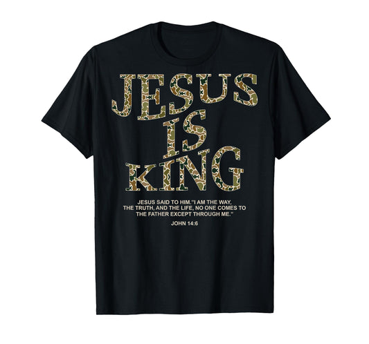 Jesus is King Camo Christian Cross God Faith Bible (on Back) T-Shirt