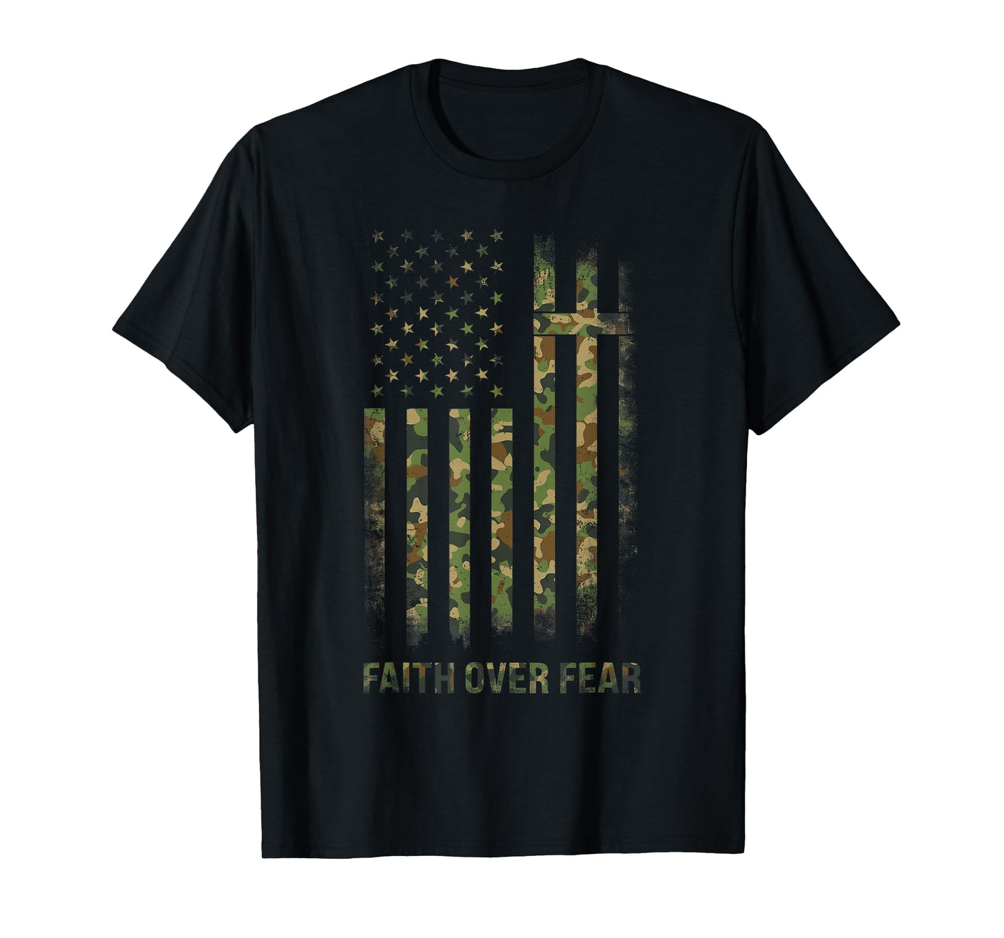 Faith Over Fear Camo Christian Jesus US Flag T-Shirt