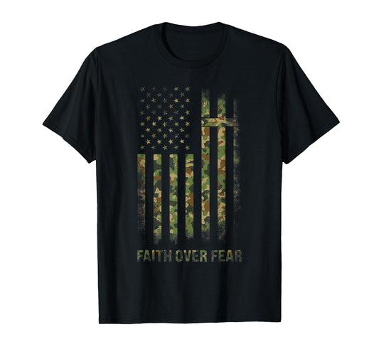 Faith Over Fear Camo Christian Jesus US Flag T-Shirt