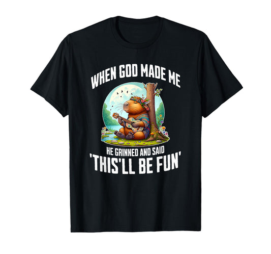 When God Made Me He Grinned Funny Capybara Guitar Hippie T-Shirt