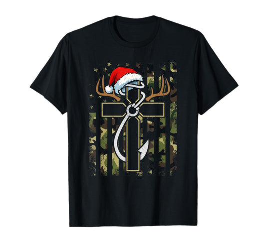 Hunting Fishing Faith Cross Santa Hat Deer Antlers Hook Flag T-Shirt