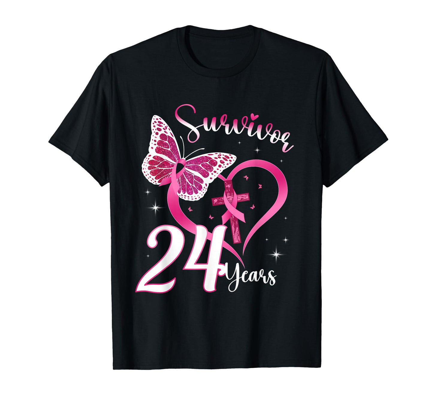 Breast Cancer Survivor Pink Ribbon Butterfly 24 Years Gift T-Shirt