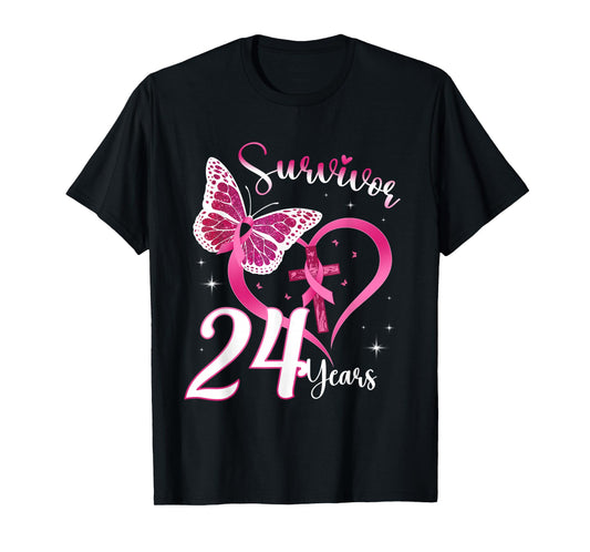 Breast Cancer Survivor Pink Ribbon Butterfly 24 Years Gift T-Shirt