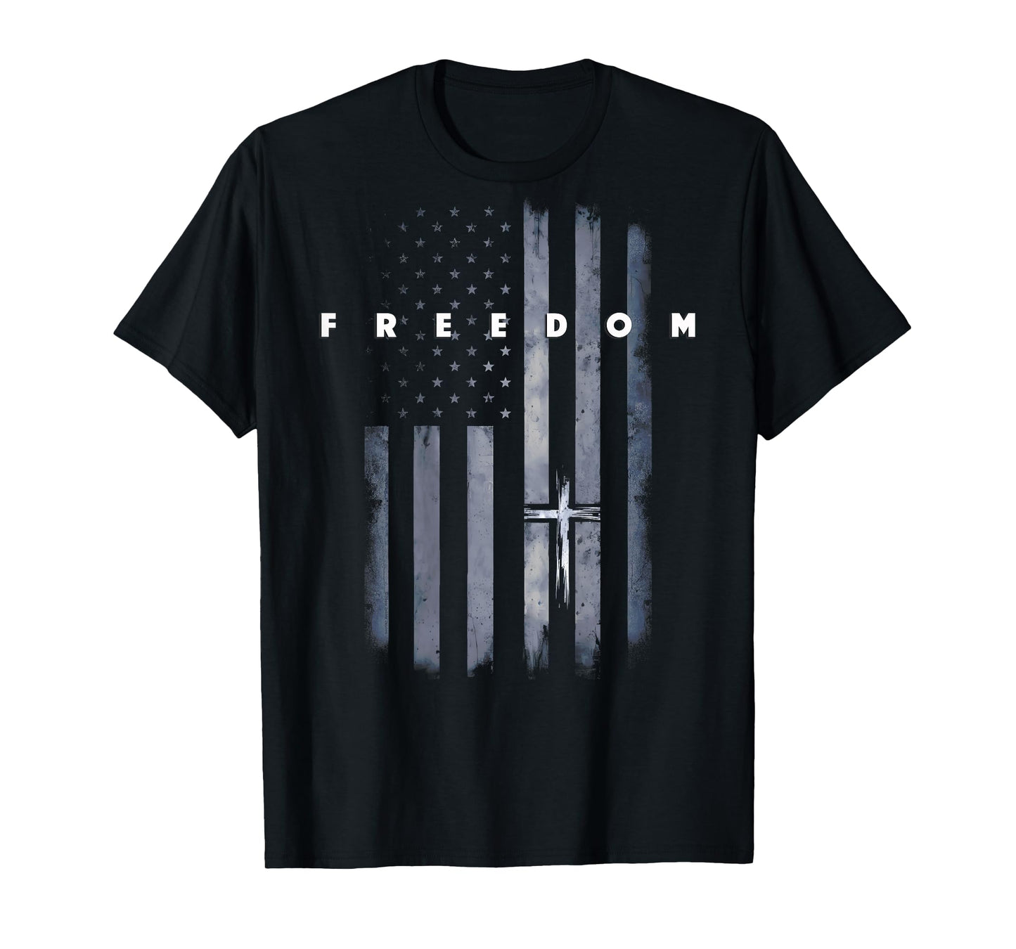 On Back Grunge American Flag and Cross Faith Family Freedom T-Shirt