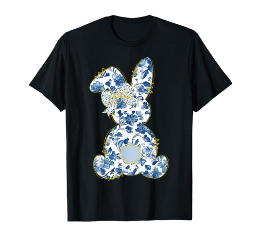 Cute Easter Toile Chinoiserie Blue Floral Bunny Coquette Bow T-Shirt
