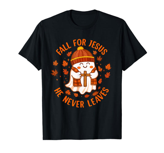 Fall for Jesus He Never Leaves Christian Ghost Halloween T-Shirt